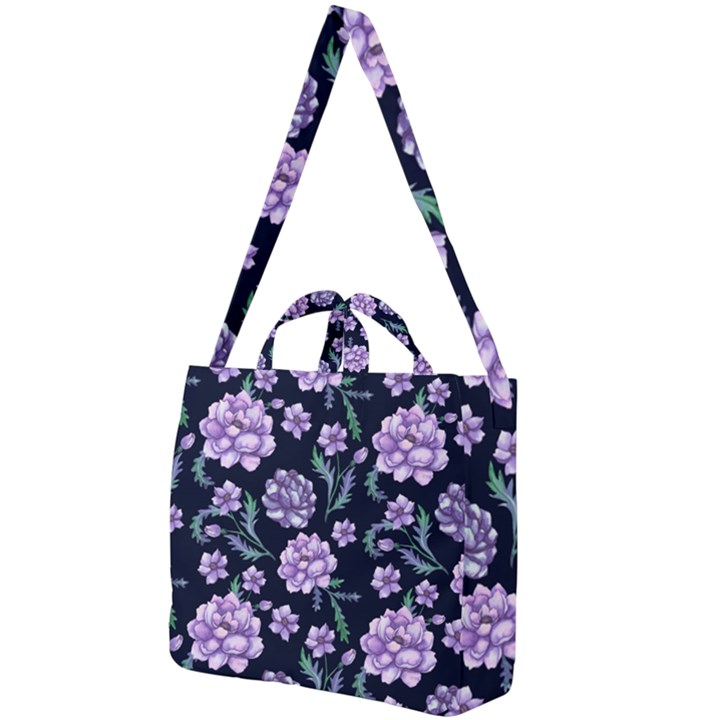 Elegant purple pink peonies in dark blue background Square Shoulder Tote Bag