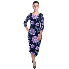 Elegant Purple Pink Peonies In Dark Blue Background Quarter Sleeve Midi Velour Bodycon Dress by augustinet