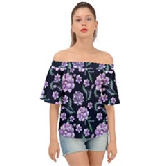 Elegant Purple Pink Peonies In Dark Blue Background Off Shoulder Short Sleeve Top