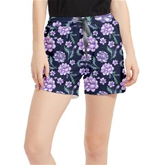 Elegant Purple Pink Peonies In Dark Blue Background Women s Runner Shorts