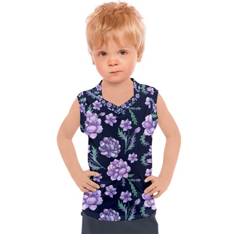 Elegant Purple Pink Peonies In Dark Blue Background Kids  Sport Tank Top by augustinet