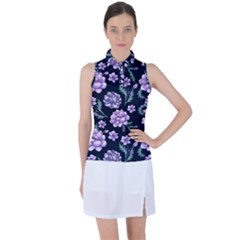 Elegant Purple Pink Peonies In Dark Blue Background Women s Sleeveless Polo Tee by augustinet