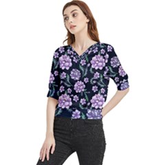 Elegant Purple Pink Peonies In Dark Blue Background Quarter Sleeve Blouse