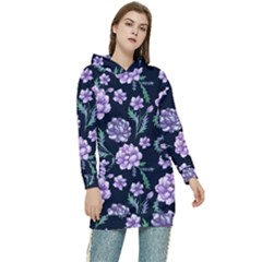 Elegant Purple Pink Peonies In Dark Blue Background Women s Long Oversized Pullover Hoodie by augustinet