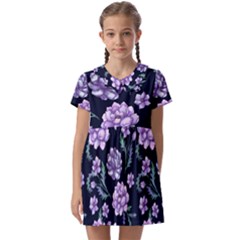 Elegant Purple Pink Peonies In Dark Blue Background Kids  Asymmetric Collar Dress by augustinet