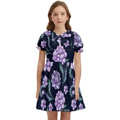 Elegant Purple Pink Peonies In Dark Blue Background Kids  Bow Tie Puff Sleeve Dress by augustinet