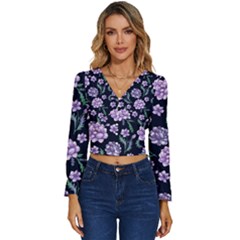 Elegant Purple Pink Peonies In Dark Blue Background Long Sleeve V-neck Top