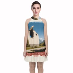  Us Ventag Eagles Travel Poster Graphic Style Redbleuwhite  Velvet Halter Neckline Dress 