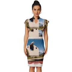  Us Ventag Eagles Travel Poster Graphic Style Redbleuwhite  Vintage Frill Sleeve V-neck Bodycon Dress