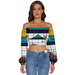 Abstract Statistics Rectangles Classification Long Sleeve Crinkled Weave Crop Top