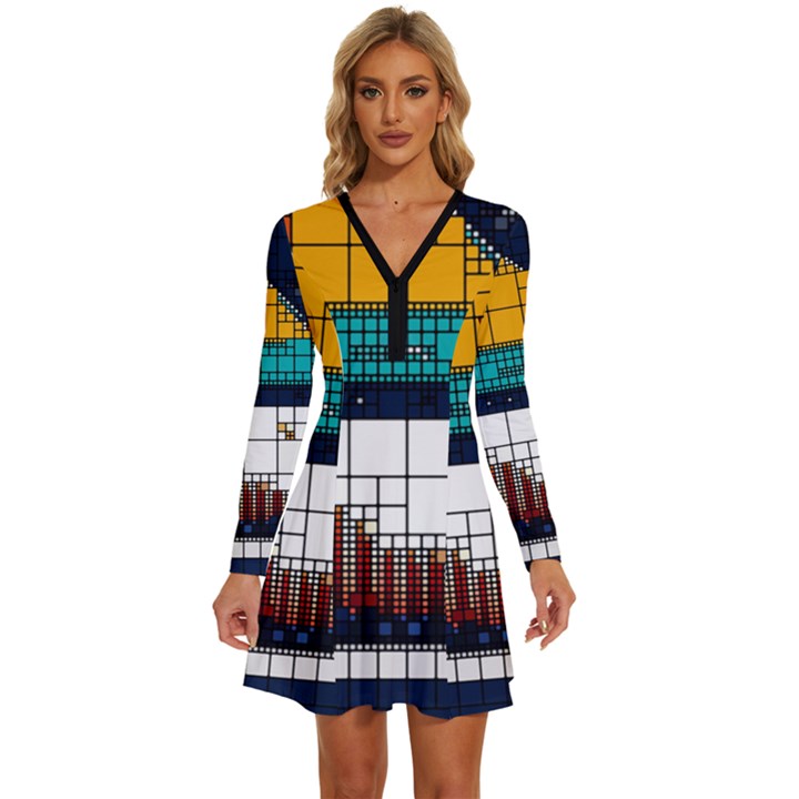 Abstract Statistics Rectangles Classification Long Sleeve Deep V Mini Dress 