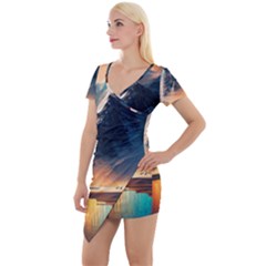 Abstract Color Colorful Mountain Ocean Sea Short Sleeve Asymmetric Mini Dress by Pakemis