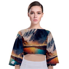 Abstract Color Colorful Mountain Ocean Sea Tie Back Butterfly Sleeve Chiffon Top by Pakemis