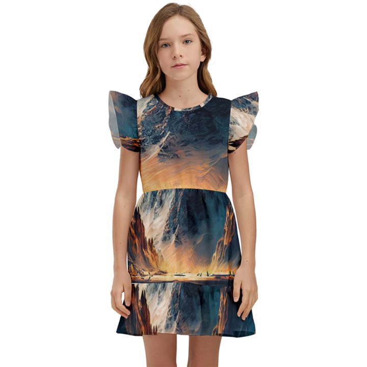 Abstract Color Colorful Mountain Ocean Sea Kids  Winged Sleeve Dress