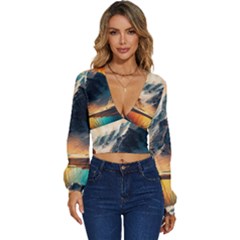 Abstract Color Colorful Mountain Ocean Sea Long Sleeve Deep-v Velour Top