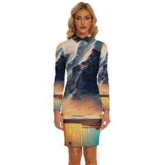 Abstract Color Colorful Mountain Ocean Sea Long Sleeve Shirt Collar Bodycon Dress