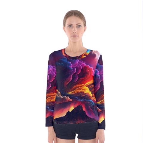 Ocean Sea Wave Clouds Mountain Colorful Sky Art Women s Long Sleeve Tee by Pakemis