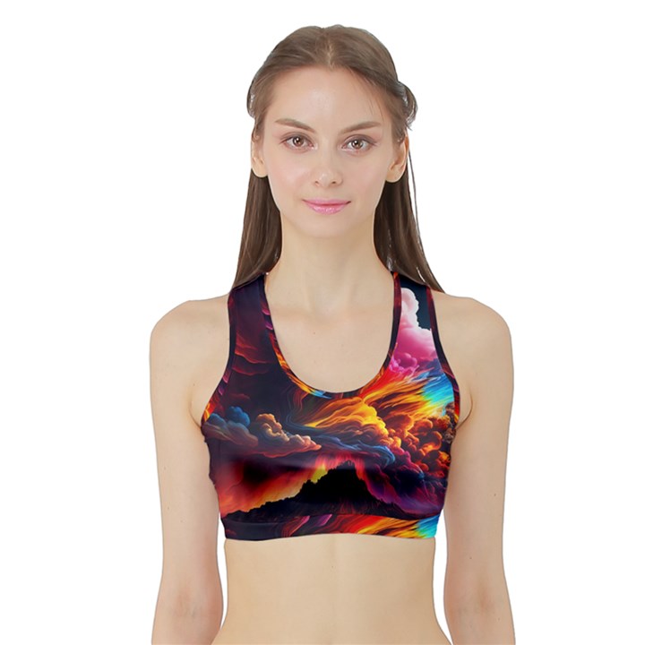 Ocean Sea Wave Clouds Mountain Colorful Sky Art Sports Bra with Border