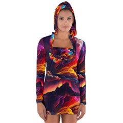 Ocean Sea Wave Clouds Mountain Colorful Sky Art Long Sleeve Hooded T-shirt by Pakemis