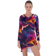 Ocean Sea Wave Clouds Mountain Colorful Sky Art Asymmetric Cut-out Shift Dress by Pakemis