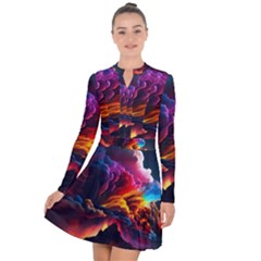 Ocean Sea Wave Clouds Mountain Colorful Sky Art Long Sleeve Panel Dress by Pakemis