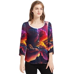 Ocean Sea Wave Clouds Mountain Colorful Sky Art Chiffon Quarter Sleeve Blouse by Pakemis