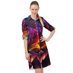 Ocean Sea Wave Clouds Mountain Colorful Sky Art Long Sleeve Mini Shirt Dress by Pakemis