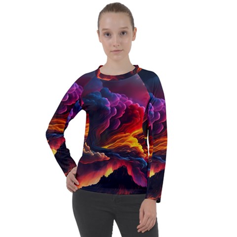 Ocean Sea Wave Clouds Mountain Colorful Sky Art Women s Long Sleeve Raglan Tee by Pakemis