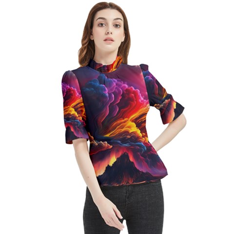 Ocean Sea Wave Clouds Mountain Colorful Sky Art Frill Neck Blouse by Pakemis