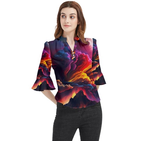 Ocean Sea Wave Clouds Mountain Colorful Sky Art Loose Horn Sleeve Chiffon Blouse by Pakemis