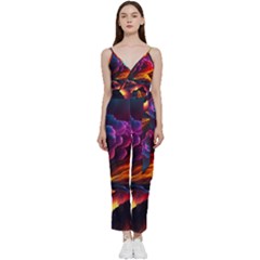 Ocean Sea Wave Clouds Mountain Colorful Sky Art V-neck Spaghetti Strap Tie Front Jumpsuit