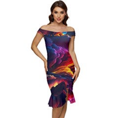 Ocean Sea Wave Clouds Mountain Colorful Sky Art Off Shoulder Ruffle Split Hem Bodycon Dress