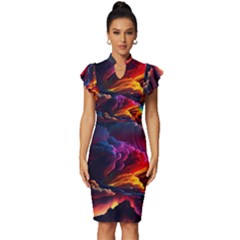 Ocean Sea Wave Clouds Mountain Colorful Sky Art Vintage Frill Sleeve V-neck Bodycon Dress