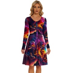 Ocean Sea Wave Clouds Mountain Colorful Sky Art Long Sleeve Dress With Pocket by Pakemis