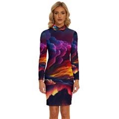 Ocean Sea Wave Clouds Mountain Colorful Sky Art Long Sleeve Shirt Collar Bodycon Dress