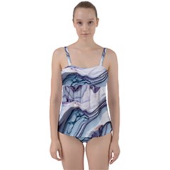 Marble Abstract White Pink Dark Art Twist Front Tankini Set by Pakemis