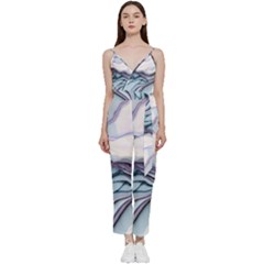 Marble Abstract White Pink Dark Art V-neck Spaghetti Strap Tie Front Jumpsuit