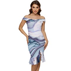 Marble Abstract White Pink Dark Art Off Shoulder Ruffle Split Hem Bodycon Dress