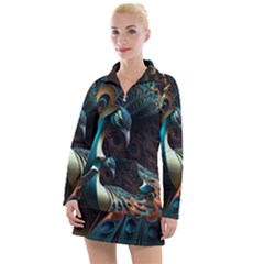 Peacock Bird Feathers Colorful Texture Abstract Women s Long Sleeve Casual Dress by Pakemis