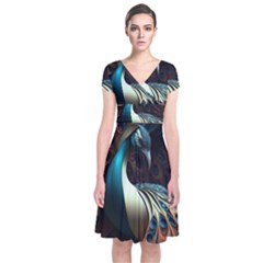 Peacock Bird Feathers Colorful Texture Abstract Short Sleeve Front Wrap Dress by Pakemis