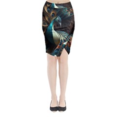 Peacock Bird Feathers Colorful Texture Abstract Midi Wrap Pencil Skirt by Pakemis