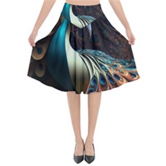 Peacock Bird Feathers Colorful Texture Abstract Flared Midi Skirt by Pakemis