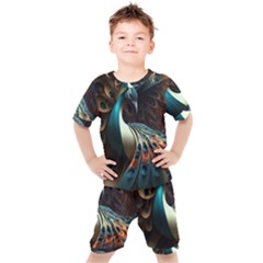 Peacock Bird Feathers Colorful Texture Abstract Kids  Tee And Shorts Set by Pakemis