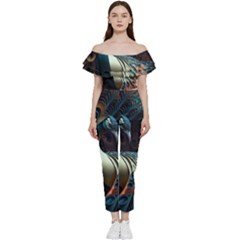 Peacock Bird Feathers Colorful Texture Abstract Off Shoulder Ruffle Top Jumpsuit