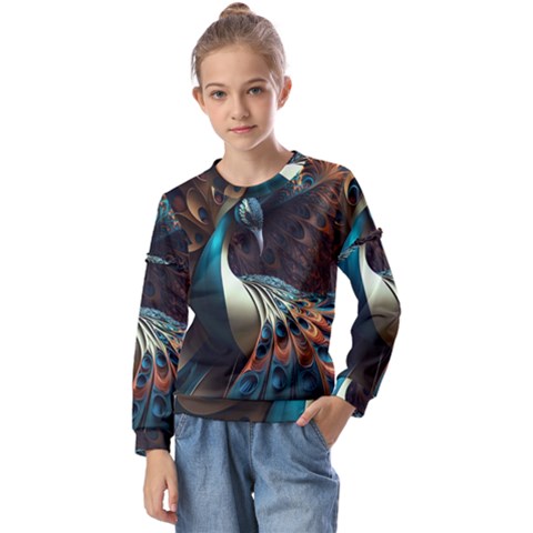 Peacock Bird Feathers Colorful Texture Abstract Kids  Long Sleeve Tee With Frill  by Pakemis