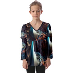 Peacock Bird Feathers Colorful Texture Abstract Kids  V Neck Casual Top