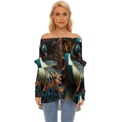 Peacock Bird Feathers Colorful Texture Abstract Off Shoulder Chiffon Pocket Shirt by Pakemis