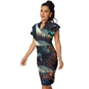 Peacock Bird Feathers Colorful Texture Abstract Vintage Frill Sleeve V-Neck Bodycon Dress View2