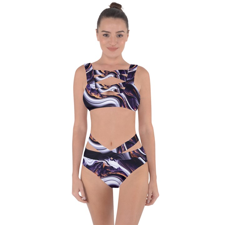 Marble Abstract Water Gold Dark Pink Purple Art Bandaged Up Bikini Set 