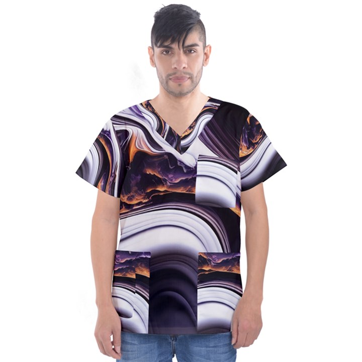 Marble Abstract Water Gold Dark Pink Purple Art Men s V-Neck Scrub Top